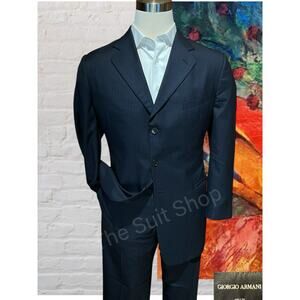 Giorgio Armani Mens 46R 40x29 Dark Blue with Gray Stripe Designer Suit